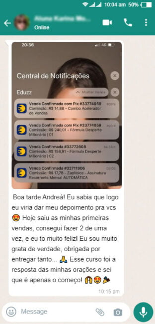 Comentário de agradecimento de um aluno destacando o sucesso alcançado graças ao curso ministrado por Andréia.