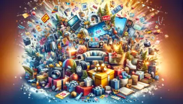 Colagem de produtos diversos em promoção com atmosfera festiva.