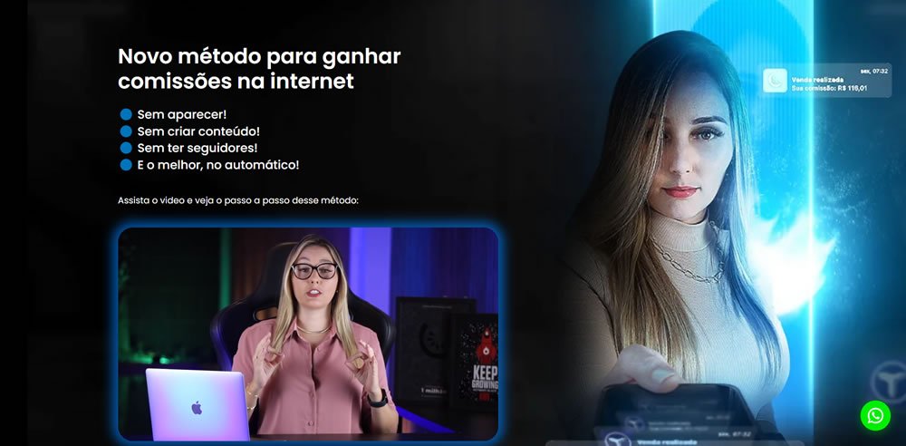Mulher empresária apontando para resultados de vendas enquanto apresenta curso Jornada 80/20 em um vídeo.