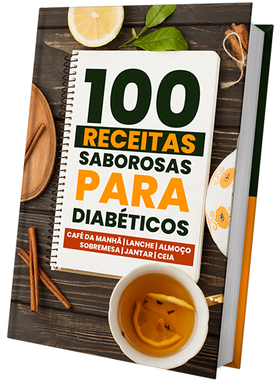 Capa de um e-Book intitulado "100 Receitas Saborosas para Diabéticos" acompanhado de três livros bônus sobre controle da diabetes e alimentos proibidos, com um selo de garantia de 7 dias.