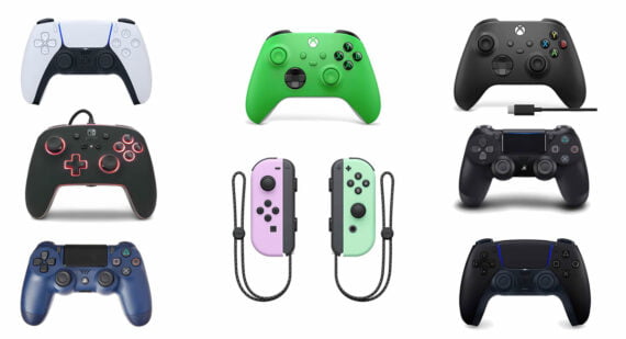 Colagem mostrando uma variedade de controles de videogame, incluindo modelos para PlayStation, Xbox e Nintendo Switch, em cores diversas.