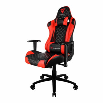 Cadeira gamer ergonômica TGC12 na cor preta com detalhes vermelhos, logotipo da ThunderX3 no encosto superior e apoio de braços ajustáveis.