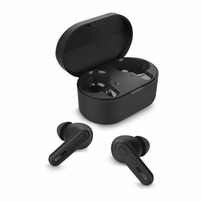 Fones de ouvido in-ear sem fio Philips TAT1108BK/00 pretos com estojo de carregamento.