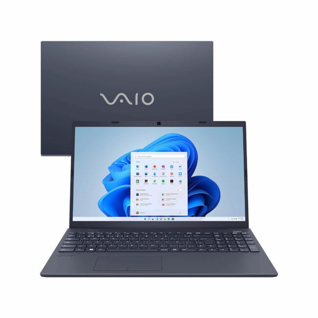 Notebook VAIO FE15 aberto, mostrando a tela de 15.6 polegadas e teclado, com o logo da VAIO em destaque no fundo.