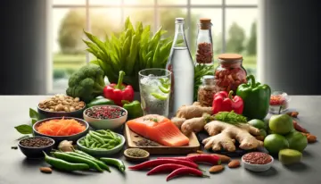 Uma variedade de alimentos que impulsionam o metabolismo, incluindo chá verde, pimentas, proteínas magras como frango e peixe, gengibre, água gelada, salmão e nozes, dispostos artisticamente em uma bancada de cozinha moderna com luz natural.