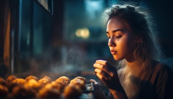 Jovem mulher contemplando pensativamente deliciosos pãezinhos quentes, iluminados suavemente à noite, simbolizando a escolha entre indulgência e a busca por emagrecimento que afina o rosto.