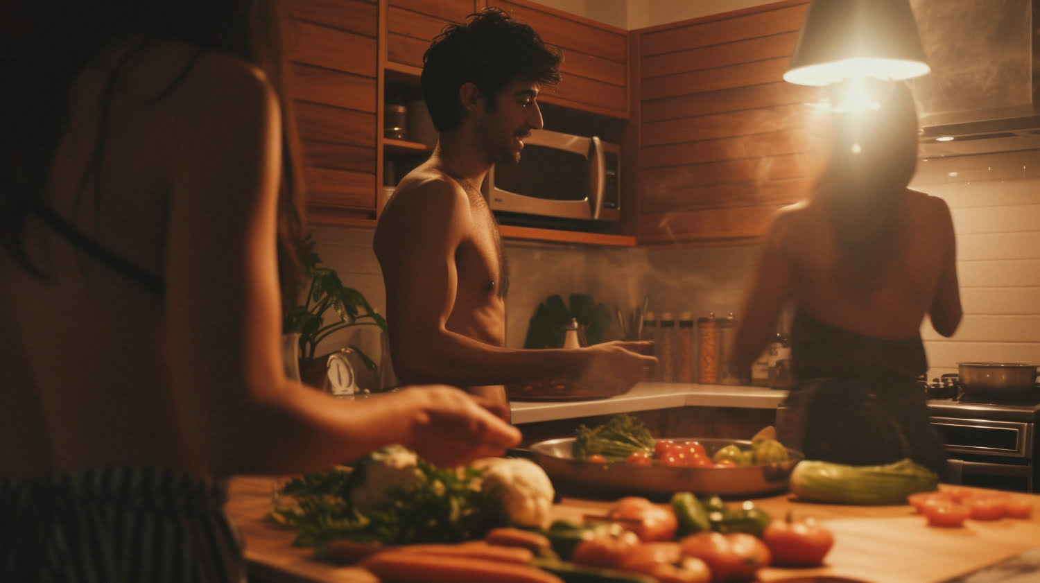 Casal prepara uma refeição saudável com uma variedade de legumes frescos na cozinha, criando um ambiente acolhedor e intimista.