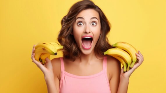 Uma mulher jovem e animada segura cachos de bananas em cada mão, exibindo uma expressão de surpresa e alegria em um fundo amarelo vibrante.