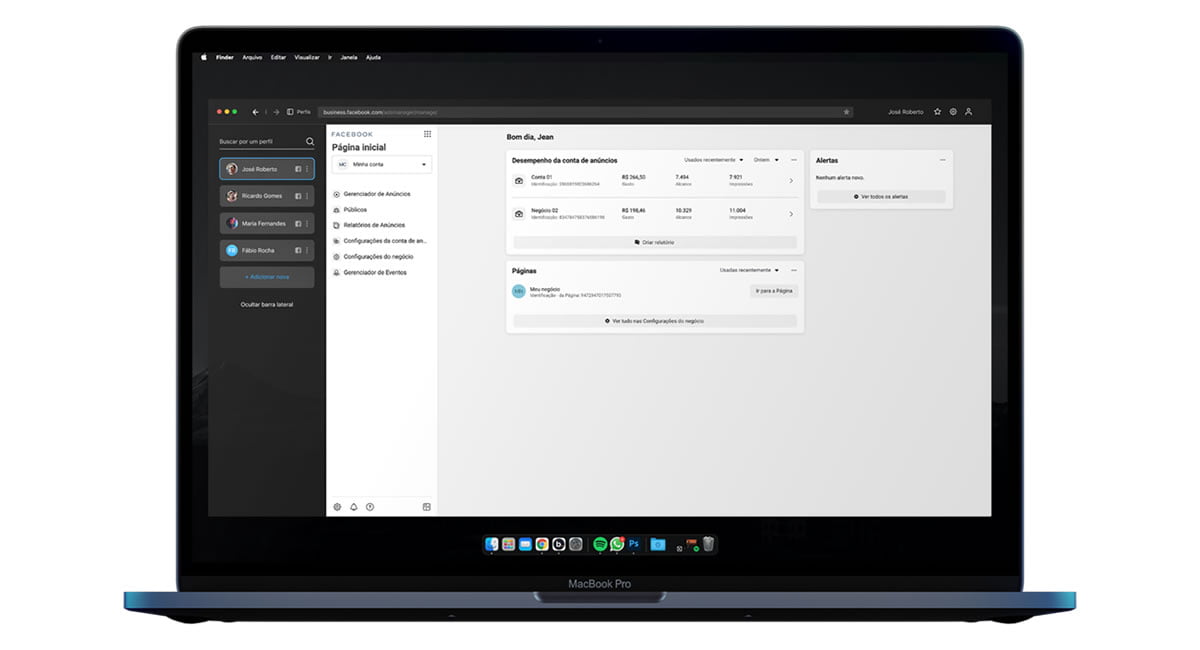 Captura de tela mostrando a interface do Lauth com um perfil aberto no Gerenciador de Anúncios do Facebook em um MacBook Pro.