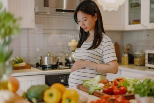 Uma mulher grávida em sua cozinha, tocando carinhosamente sua barriga, cercada por uma variedade de vegetais frescos, refletindo a importância de uma alimentação saudável durante o início da gravidez.