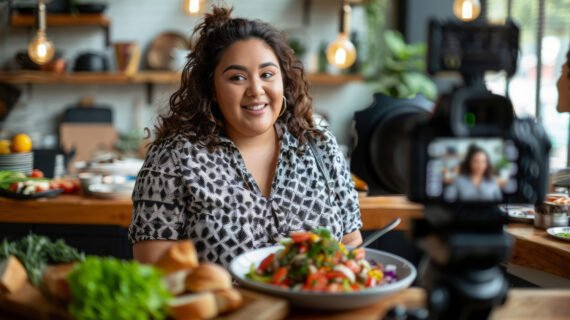 Uma influenciadora culinária apresenta um prato colorido e nutritivo de salada enquanto grava um vídeo para seu canal, demonstrando como é possível emagrecer se alimentando bem.