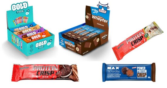 Montagem com as cinco barras de proteína mais vendidas na Amazon Brasil: BOLD Snacks Thin, +Mu ChocoWheyfer, Integralmedica Protein Crisp (Cookies and Cream e Leite Ninho com Creme de Avelã), e Max Titanium Power Protein Crisp.